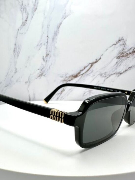 MIU MIU Sunglasses New Black Square Rectangle Acetate Gold Metal Logo Authentic main image 7